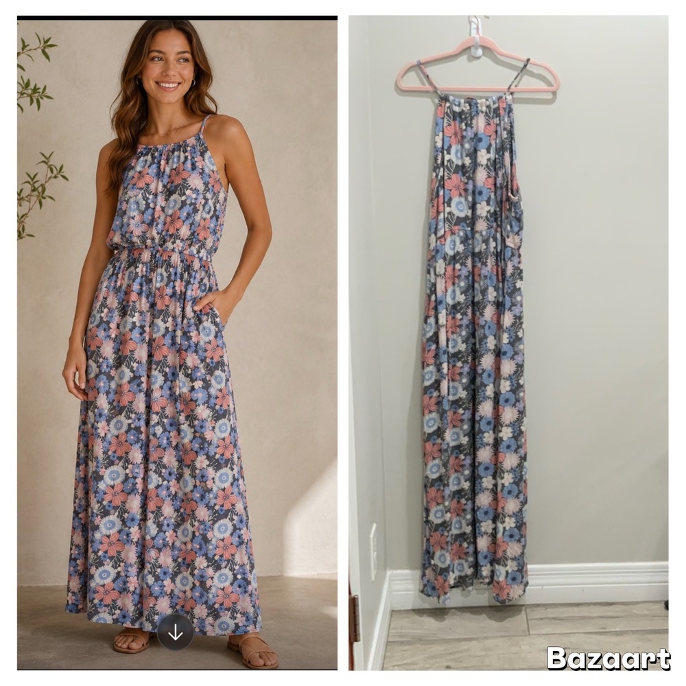 SO Goods For Life Womens XXL Floral Halter Maxi Dress Blue Pink Grey Pockets